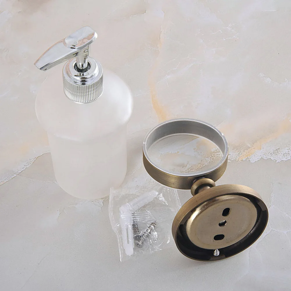 Imagem -06 - Antique Brass Casa de Banho e Cozinha Garrafa de Vidro Fixado na Parede Dispensador de Sabão Líquido Dispensadores de Sabão Titular Rack Zba262