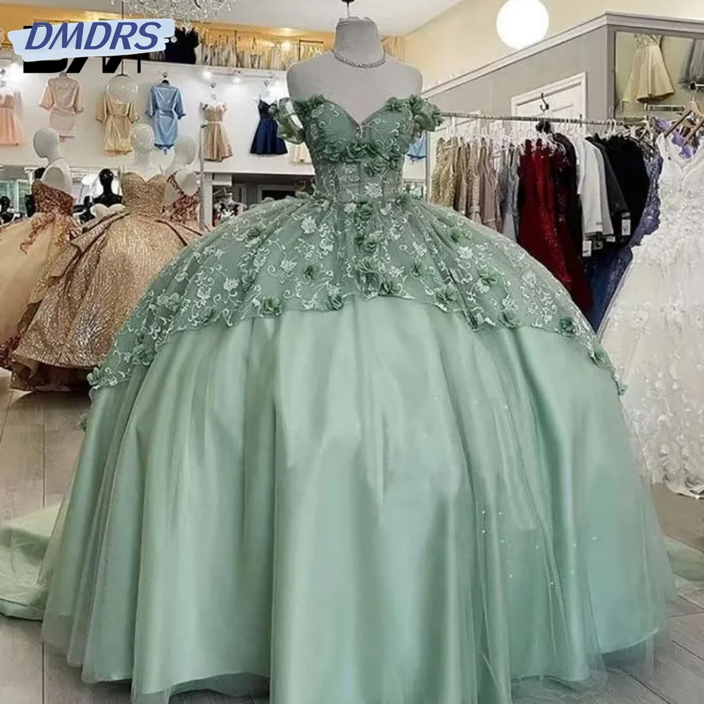 Gaun pesta putri bahu terbuka elegan gaun Quinceanera romantis Applique bunga 3D klasik dengan jubah manis 16 gaun