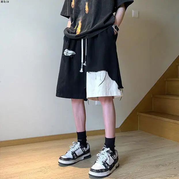 Denim Men's Summer Shorts Design Sense High Street Versatile Shorts Boys Contrasting Colors Irregular Splicing Ripped