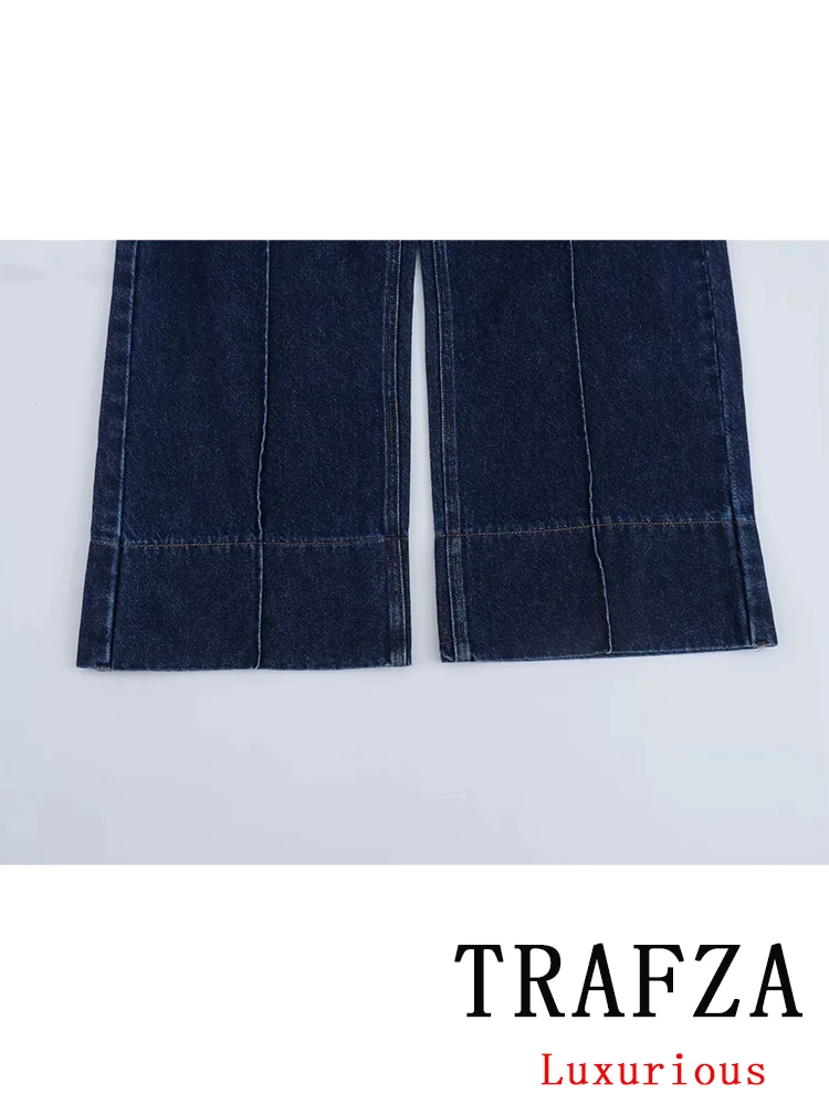 TRAFZA Vintage Casual Chic Women Denim Pants Straight Button Pockets High-waisted Pants Fashion 2024 Summer Holiday Trousers