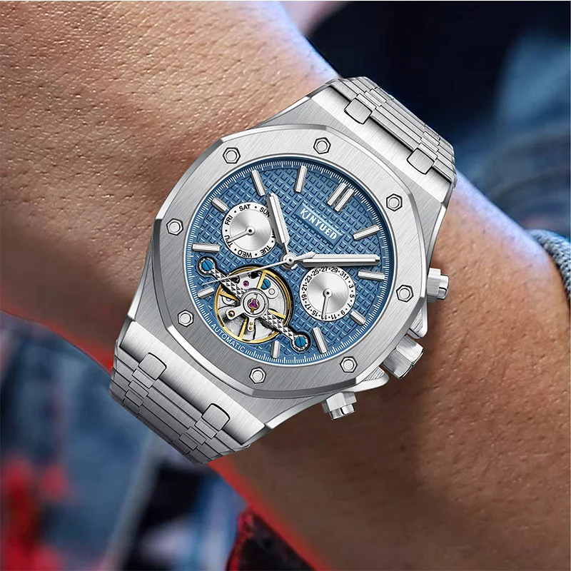 Kinyued-Montre mécanique automatique pour homme, montres-bracelets classiques avec bracelet en acier inoxydable, montres d\'affaires étanches pour