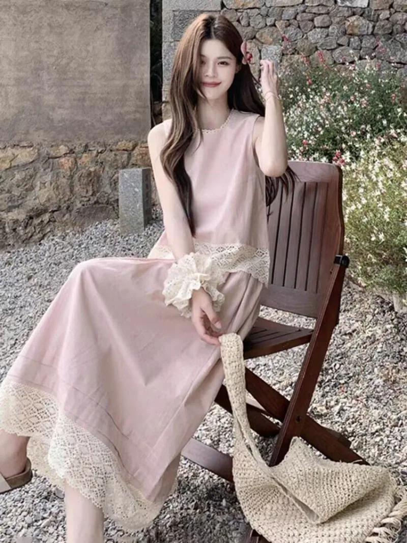 

Новый модный летний женский комплект из двух предметов, повседневный простой кружевной ажурный лоскутный топ без рукавов + свободная плиссированная юбка, наряд