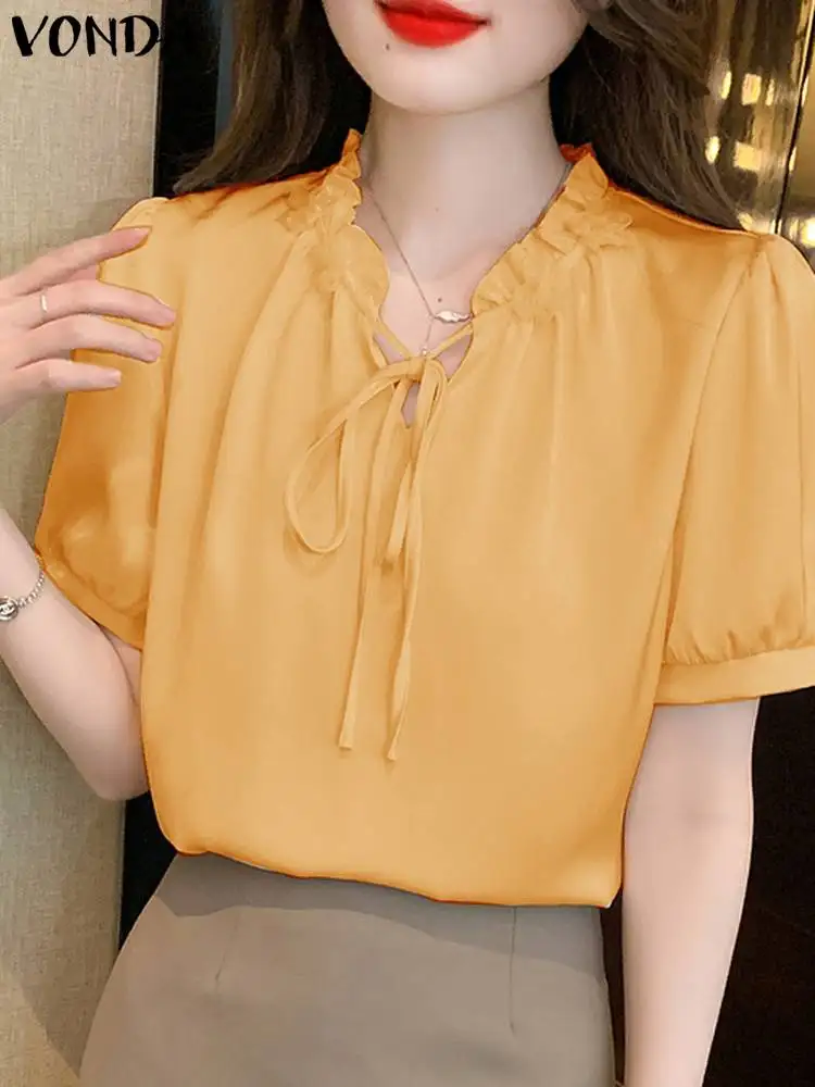 VONDA 2024 Summer Women Blouses Short Sleeve Ruffled V-Neck Elegant Shirts Fashion Casual Solid Color Tunic Tops Loose Blusas