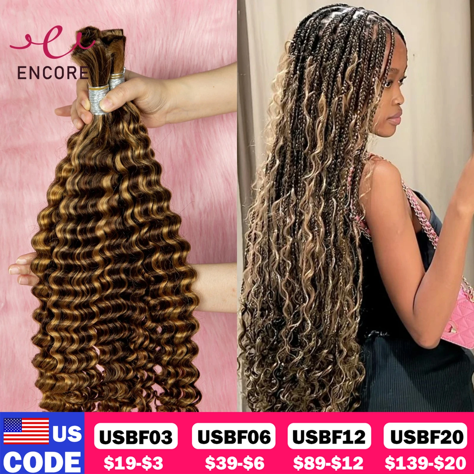 Highlight Ombre 28 Inch Human Hair Bulk Deep Wave No Weft Hair Bundles 100% Virgin Curly Hair Bulk Boho Braided Hair Extensions