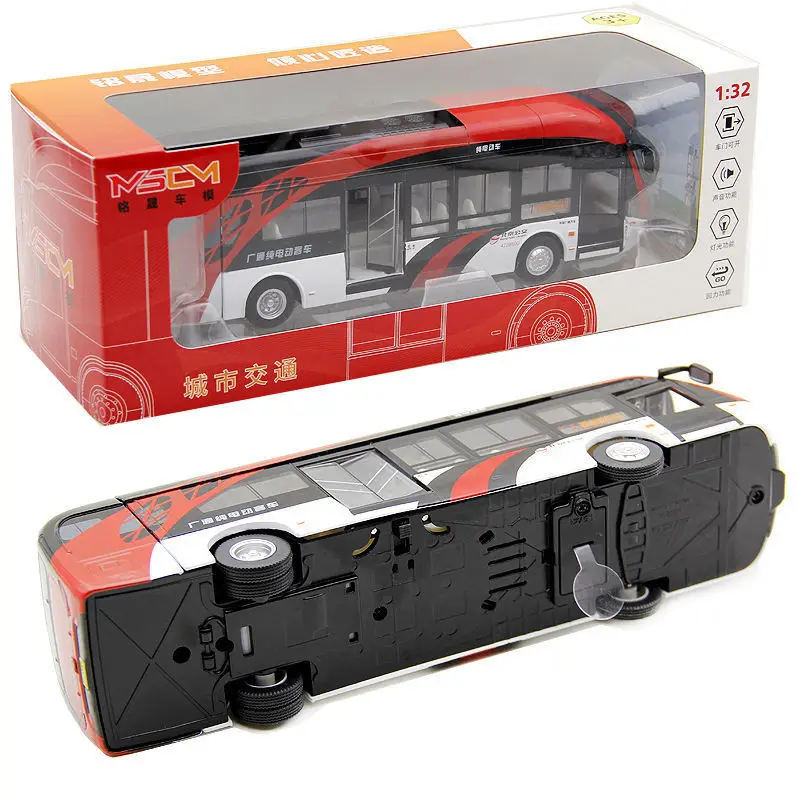 Simulação Modelo de carro de liga para crianças, ônibus elétrico, turismo turístico, som e luz, puxar para trás, presente, 1:32