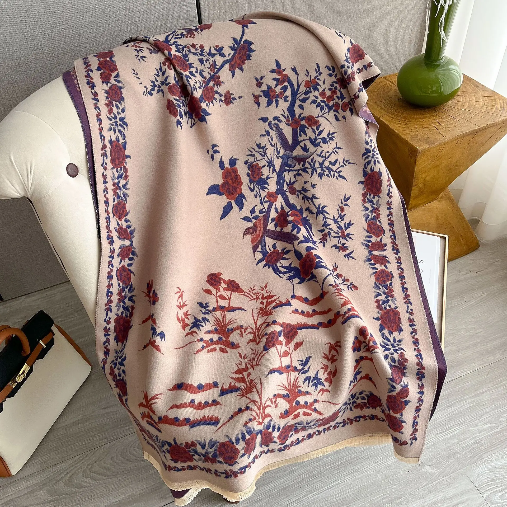 

2024 Fashion Print Flower Pashmina Big Size Blanket Women Warm Cashmere Blend Bufanda Mujer Scarf Tassel Echarpes Shawl