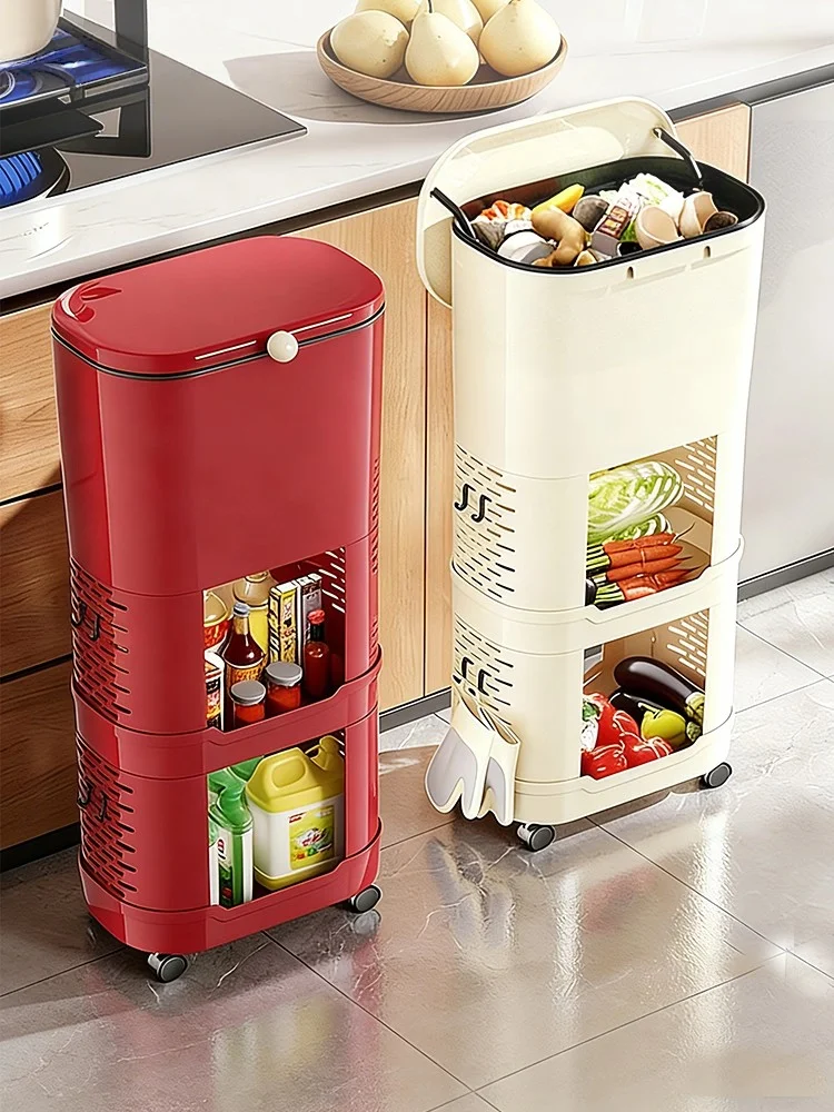 

Kitchen Waste Bin High Model Large Capacity Multi-layer Mobile No Bending Double Layer Storage Rack Integrated with Wheels