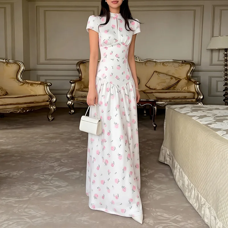 Modisches Bedrucktes Satin-Langkleid für Damen, Schickes Kurzarm-Kleid mit Hoher Taille für Büro und Party, Frühling-Sommer Plissiertes Urlaubskleid