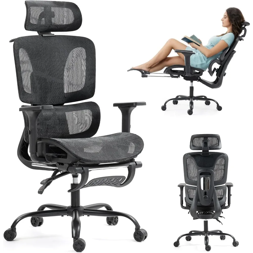 Ergonomic Office Chair with Footrest, High Back Mesh Computer Chair with Adjustable Lumbar Support, Rolling Swivel Desk
