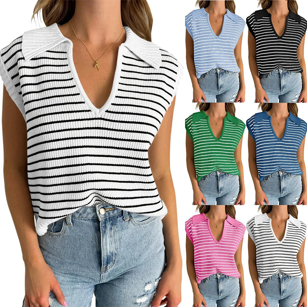 

New Summer Women's T-shirt Knitted Striped Lapel Fashion Sweater Pullover Elegant Fashion Top Korean Short Sleeve Tees