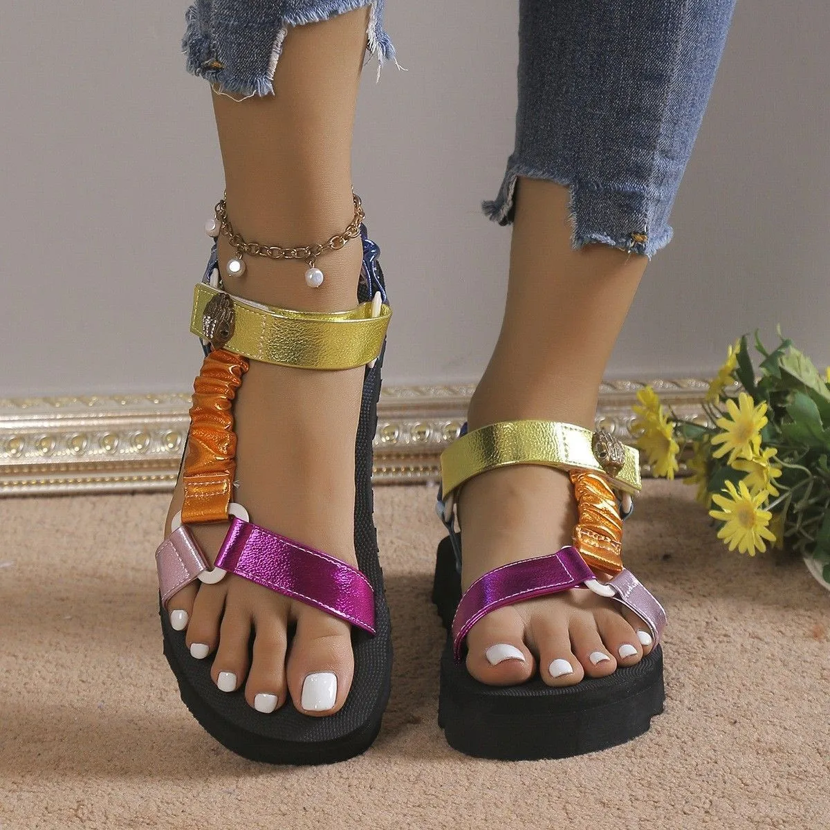 

Women's Color - Blocked Platform Sandals: Stylish Casual Footwear with Lively Trendy Upper Design
