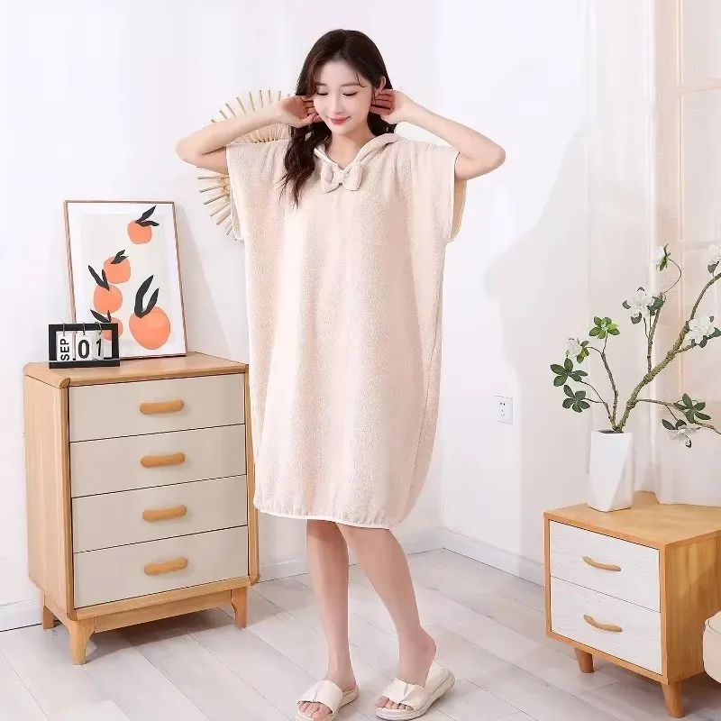 Long Thickened Home Hooded Bow Sleeveless Bath Dress Home Women\'s Bathrobe Wearable Absorbent Bath Towel Coral Velvet