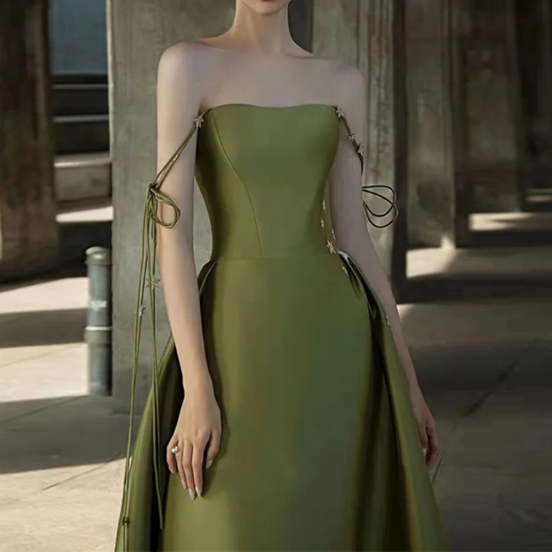 Customized Elegant Strapless A-line Olive Green Evening Dress Vintage Spaghetti Strap Boat Neck Pleat Satin Party Prom Gown Quin