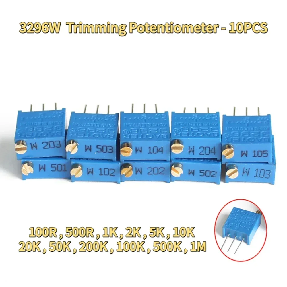 10 قطعة/المجموعة 3296 واط قابل للتعديل الجهد 1 كيلو 2 كيلو 5 كيلو 10 كيلو 20 كيلو 50 كيلو 100 كيلو 200 كيلو 500 كيلو 1 متر 3296 واط متعدد بدوره Trimpot الانتهازي الجهد #2