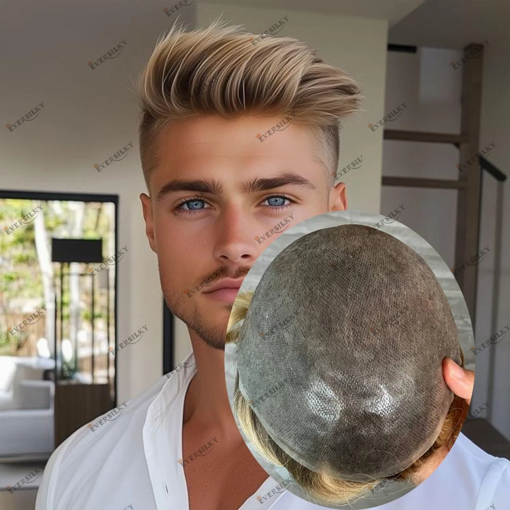 

Европейский парик из натуральных человеческих волос, омбре блонд, мужской, для замещения волос, капиллярный протез, микроскин, незаметный, V-образный, прямой/волнистый