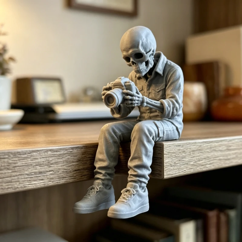 Spooky Skeleton Photographer Mini Figurines Sitting Ornaments Decorations for Desktop Bookshelves Gothic Home Photographer Gifts
