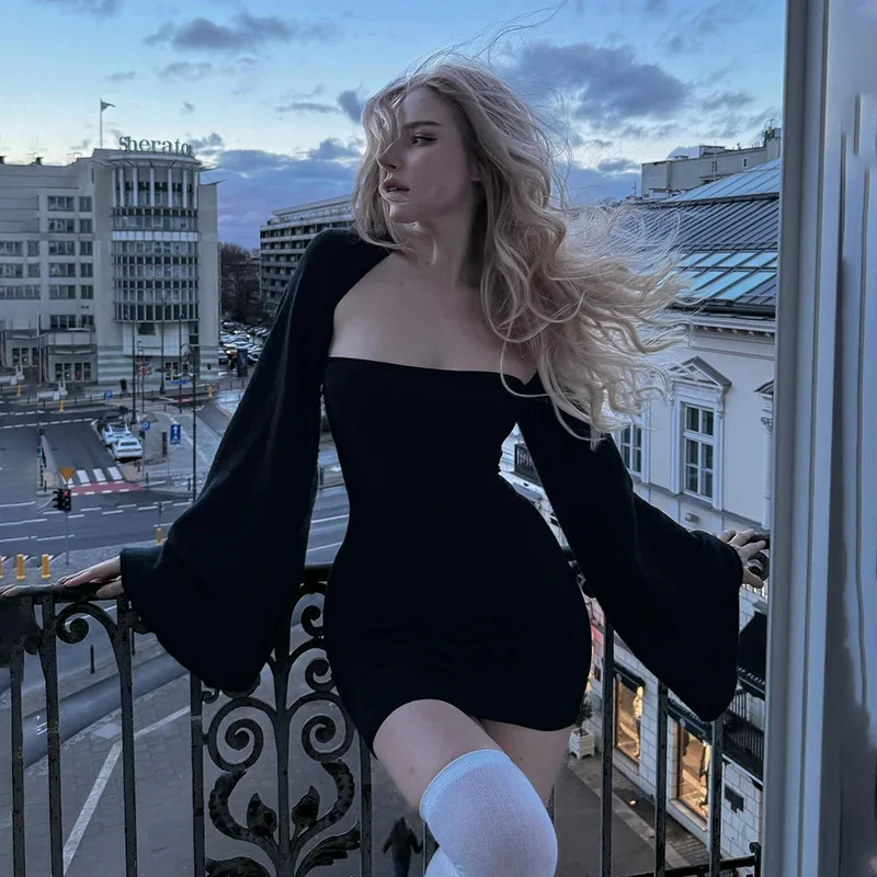 

Autumn New Street Style Woolen Knitted Strapless Dress With Long Sleeves And Camisole Two-Piece Set