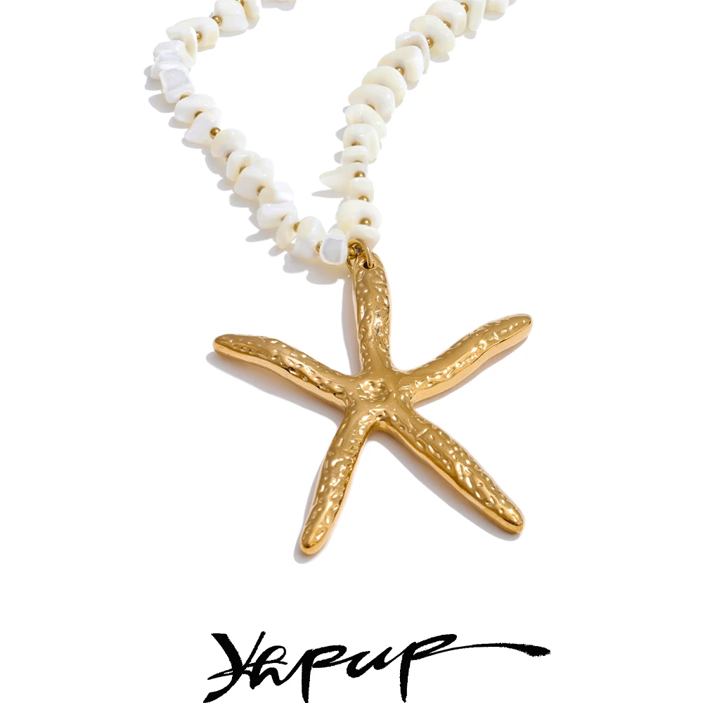 Yhpup 60+7cm Ocean Style Natural Shell Handmade Chain Large Sea Star Pendant Necklace Stainless Steel Beach Holiday Jewelry 2025