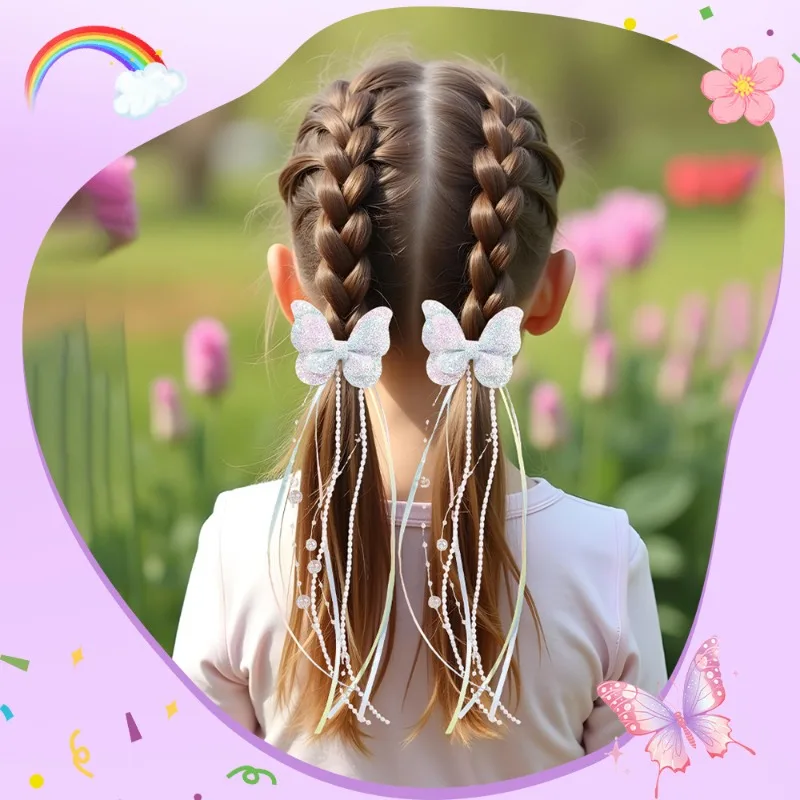 2Pc Childrens Rainbow Butterfly Sequin Hair Clip,pearl Ribbon,tassel Hair Clip,girl Braided Hair Accessory,performance Accessory image 2