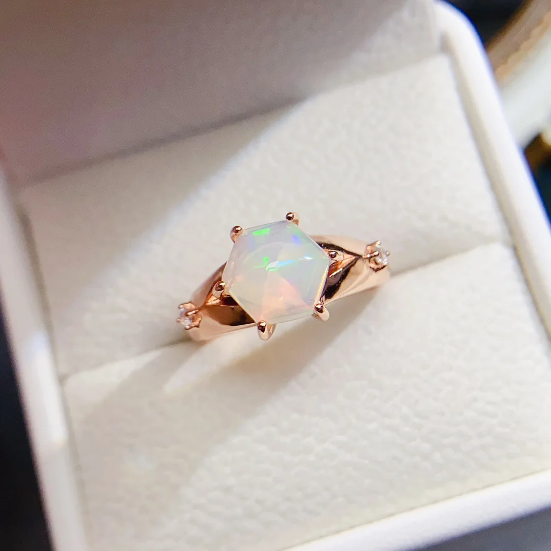 

8*8mm Natural White Opal Ring, S925 Sterling Silver Adjustable Setting, Iridescent Gemstone Jewelry for Women Gift