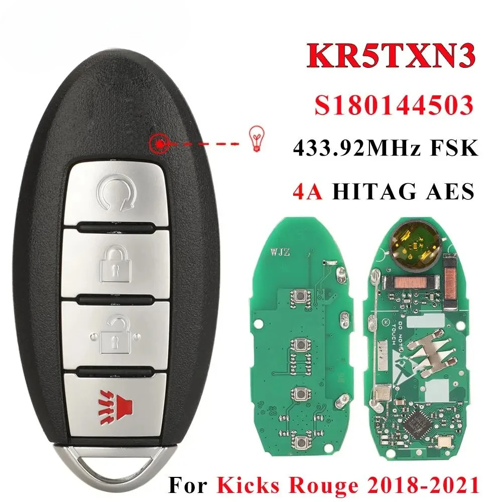 

S180144503 KR5TXN3 433.92MHz 4A Remote Key for Nissan Kicks Rogue 2018 2019 2020 2021 Rogue Proximity Smart Key FOB