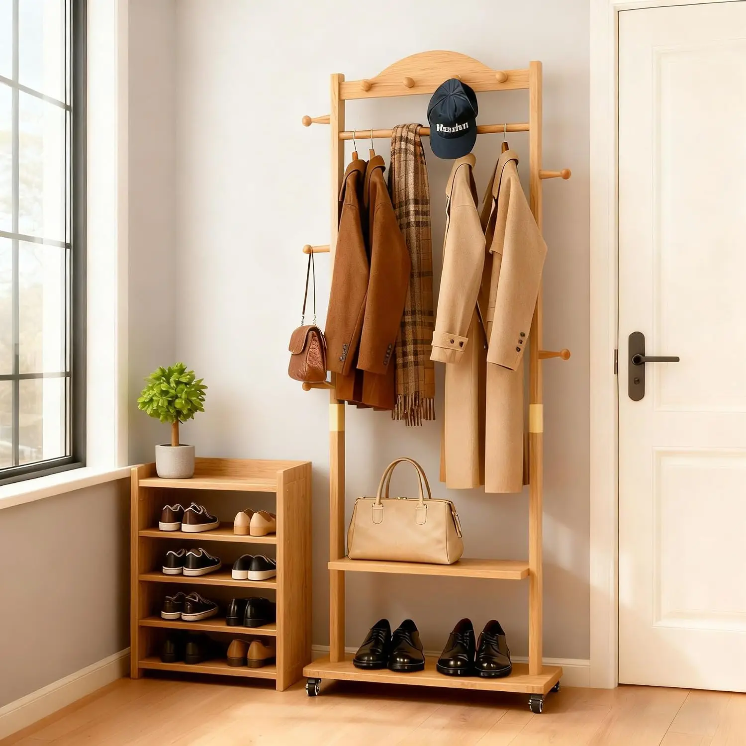 Freestanding Clothes Rack with Wheels 2-Tier Shelf 9 Hooks Heavy Duty Garment Organizer for Entryway Hallway Living Room Office,