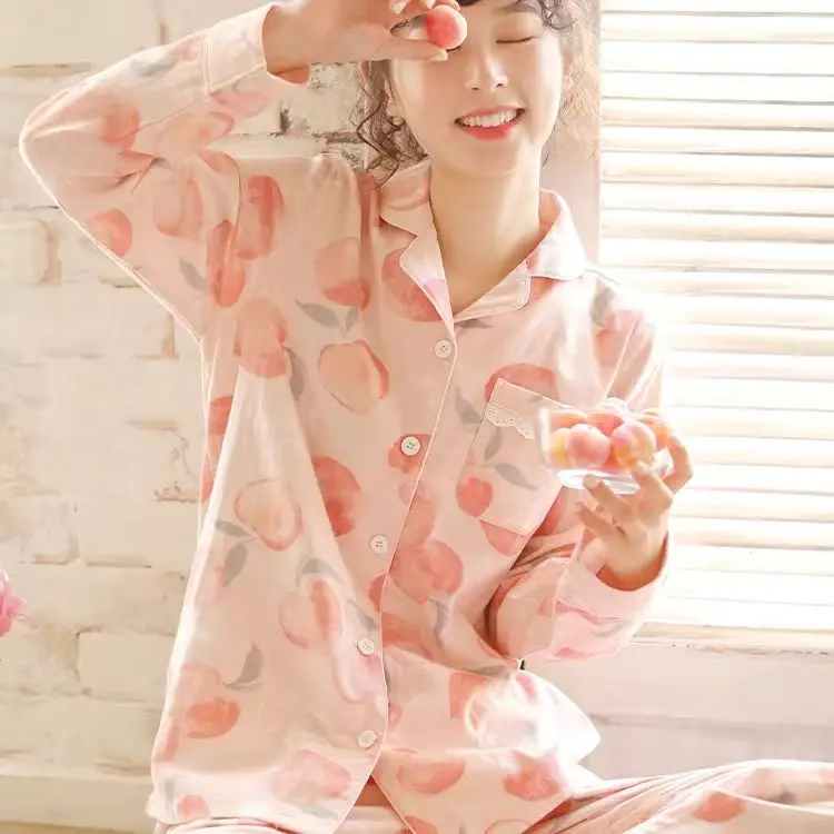 Women Spring Autumn Pajamas New Cotton Pyjamas Sweet Long Sleeved Nightdress Loose Comfortable Home Wear Lapel Print Sleepwear