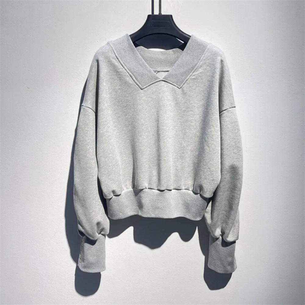 Japanese Casual Simple V-neck Pullover Hoodies Women Loose All-match Long Sleeve Tops 2024 Autumn Winter New Fashion Ropa Mujer