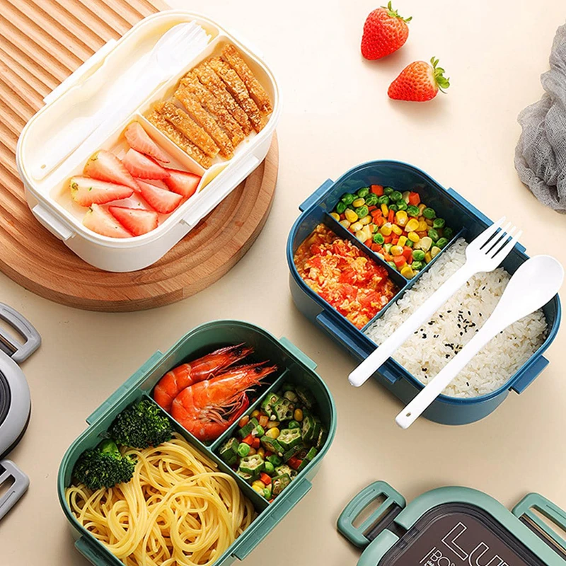 1200ML 2 Layer Bento Lunch Box With Spoon Fork, Kid High Capacity Microwae Food Containers Portable Leakproof Office Camping