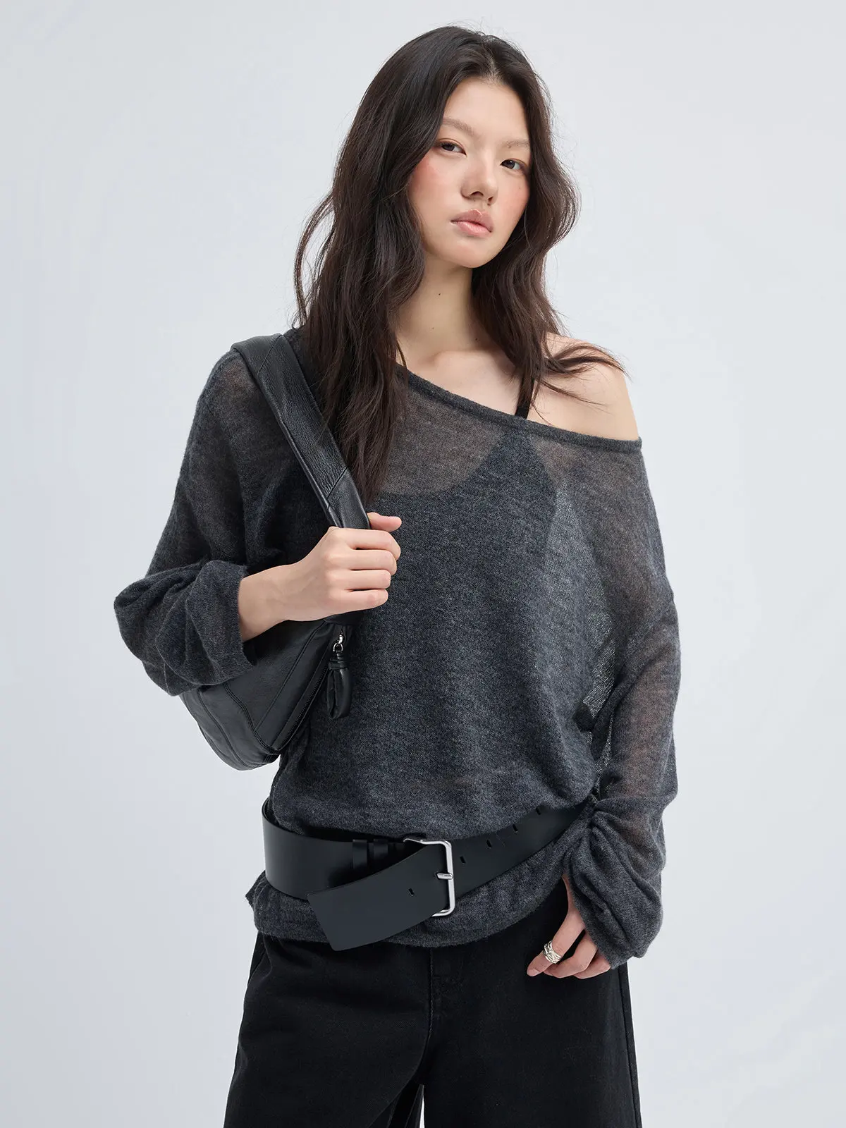 

JUSLIN Long Sve Knitted Mixed Fibers Camel Hair Lazy One oulder Layering Semi-Transparent Women's Faion Loose Fit Knit...