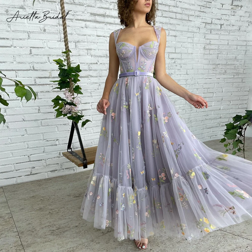 Arietta Lavender Embroidery Lace Midi Prom Dresses Sleeveless Tea-Length A-Line Wedding Party Dresses Formal Occasion Gowns