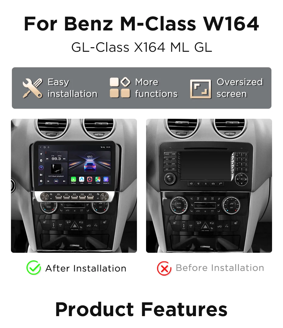 Junsun 10-Zoll-Knopf Wireless CarPlay für Android Auto Autoradio für Mercedes Benz M-Klasse W164 GL-Klasse X164 ML GL GPS Navi Stereo – Detail 4