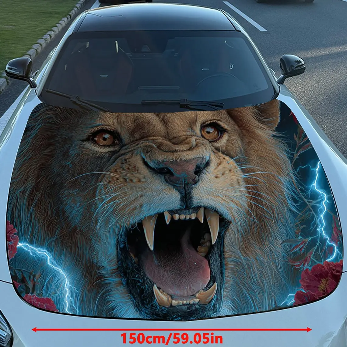 [Durable Construction] Fierce Blue Lightning Lion Car Hood Stickers-Scratch Resistant, Weather Resistant PVC Material, Easy To S