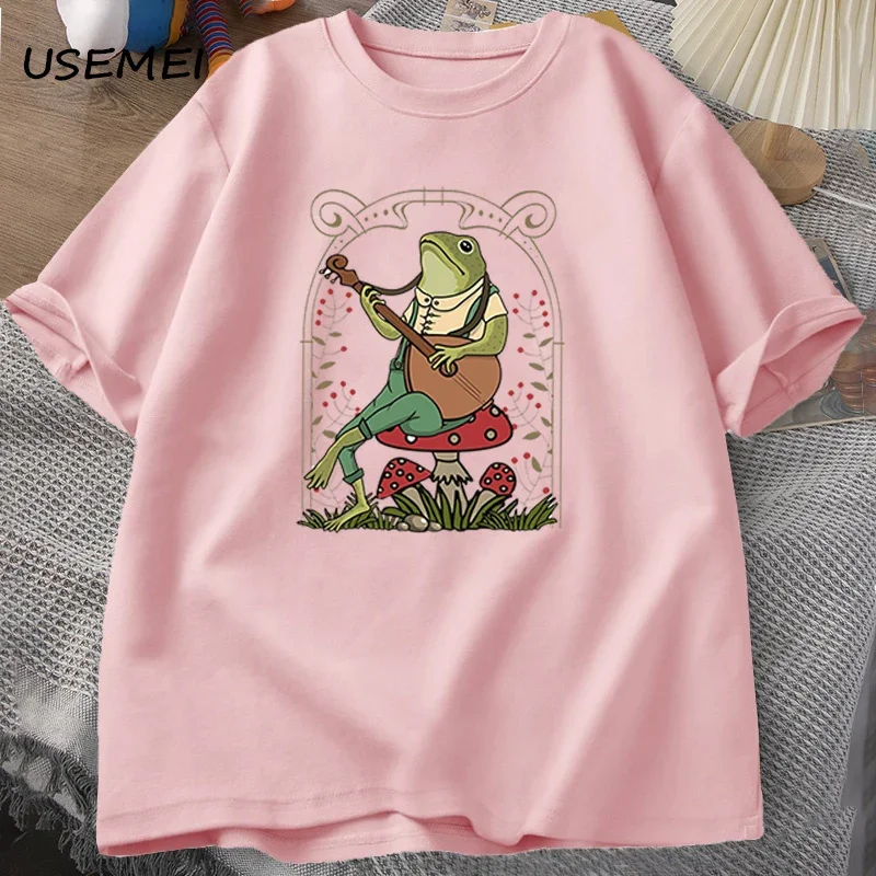 Cute Cottagecore Frog Playing Banjo T Shirts Men Women Cotton Funny Mushroom Naturecore T Shirt Summer Casual Short Sleeve Tees