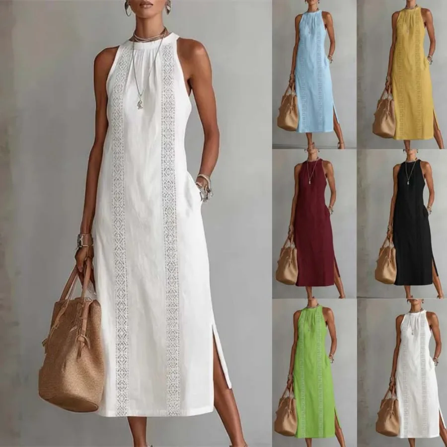 

【New style】 TK2026 spring and summer new women's clothes hanging neck solid color lace splicing sleeveless dress for women