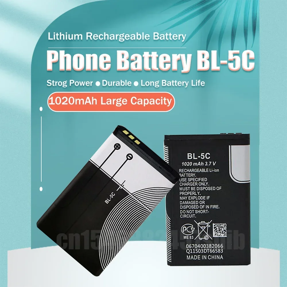 1pcs BL-5C BL5C BL 5C 3.7V 1020mAh Lithium Rechargeable Phone Battery For Nokia 1100 1110 1200 1208 1280 1600 2600 2700 3100 N70