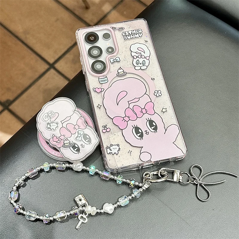 

Магнитный чехол для телефона Kawaii Rabbit для Samsung Galaxy S25 Ultra S24 Plus S23 FE, чехол с подставкой Magsafe, милые чехлы S25 +