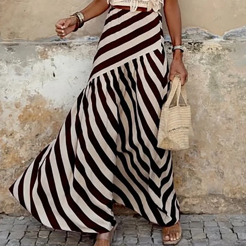 Casual Bohemian Striped Printed Women's Long Skirt Spring Summer Loose Commuting Half Skirt 2025 Vacation High Waist Party Skirt