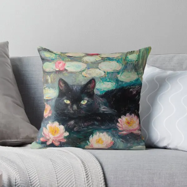 Waterlily Cat Print Claude Monet Black C  Printing Throw Pillow Cover Home Waist Wedding Cushion Pillows not include One Side