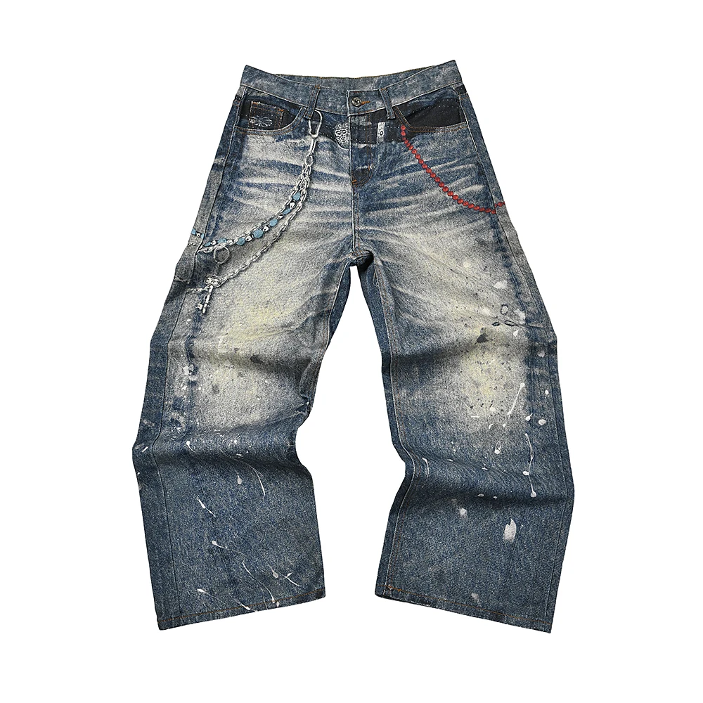 

Vintage Chain Print Patchwork Baggy Denim Trousers for Men Straight Casual Loose Jeans Oversized Ropa Hombre Cargo Pants