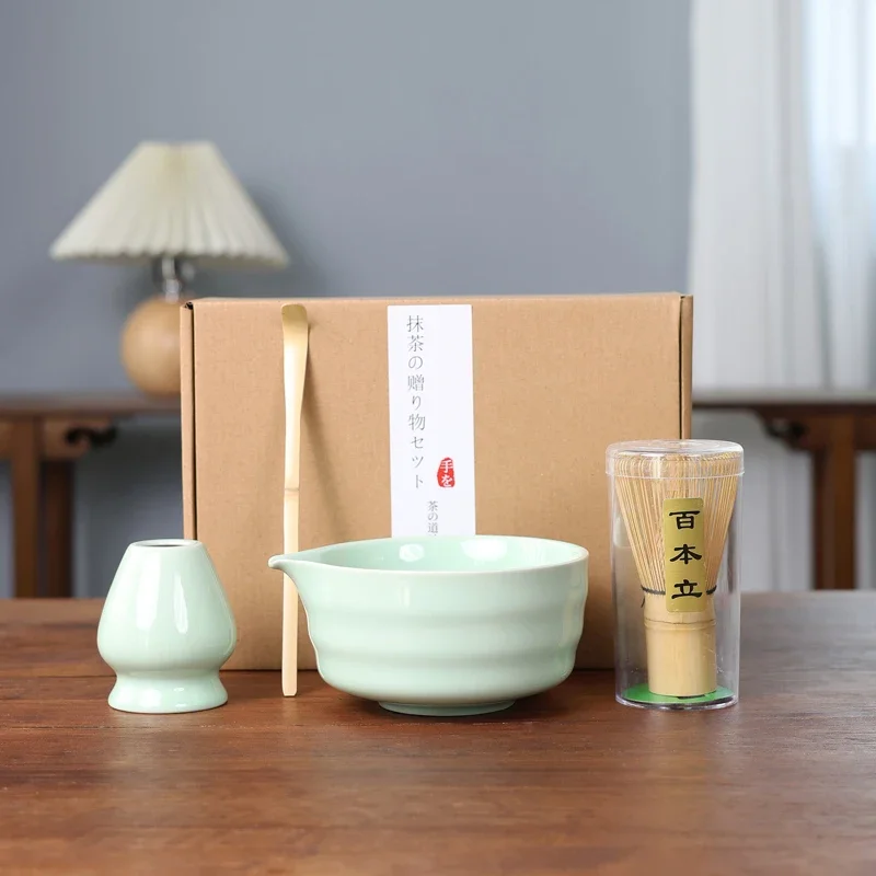 

4Pcs Japanese Matcha Set Bamboo Whisk Teaspoon Ceramic Bowl Tranditional Tea Set Home Tea-Making Tools Accessories Birthday Gift