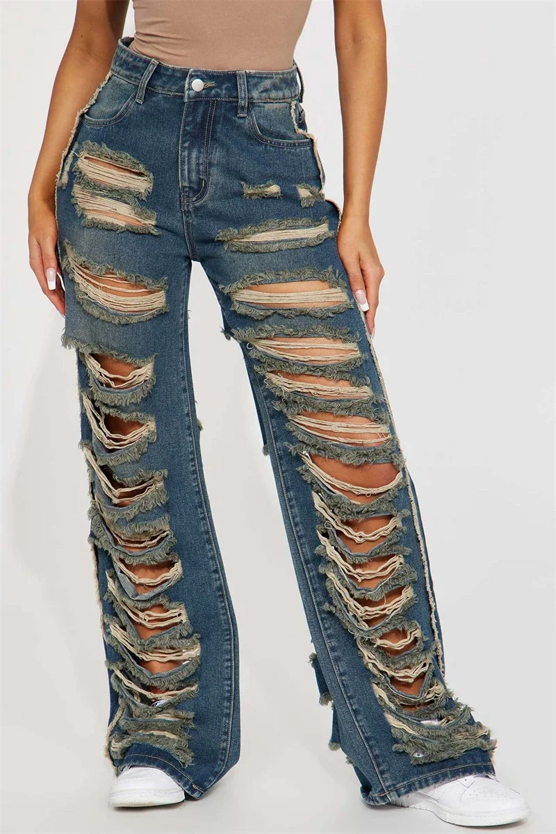 

Y2K Popular Ripped Jeans Summer Clothes Women 2024 High Waist Broken Holes Straight Leg Denim Trousers Streetwear Jean Pants