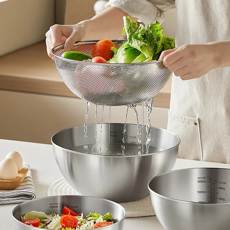 

Stainless Steel Drain Basin 2-piece Set with Scale Storage Basin Strainer Rice Washing Basket Kitchen Fruit Draining Rinsing Set