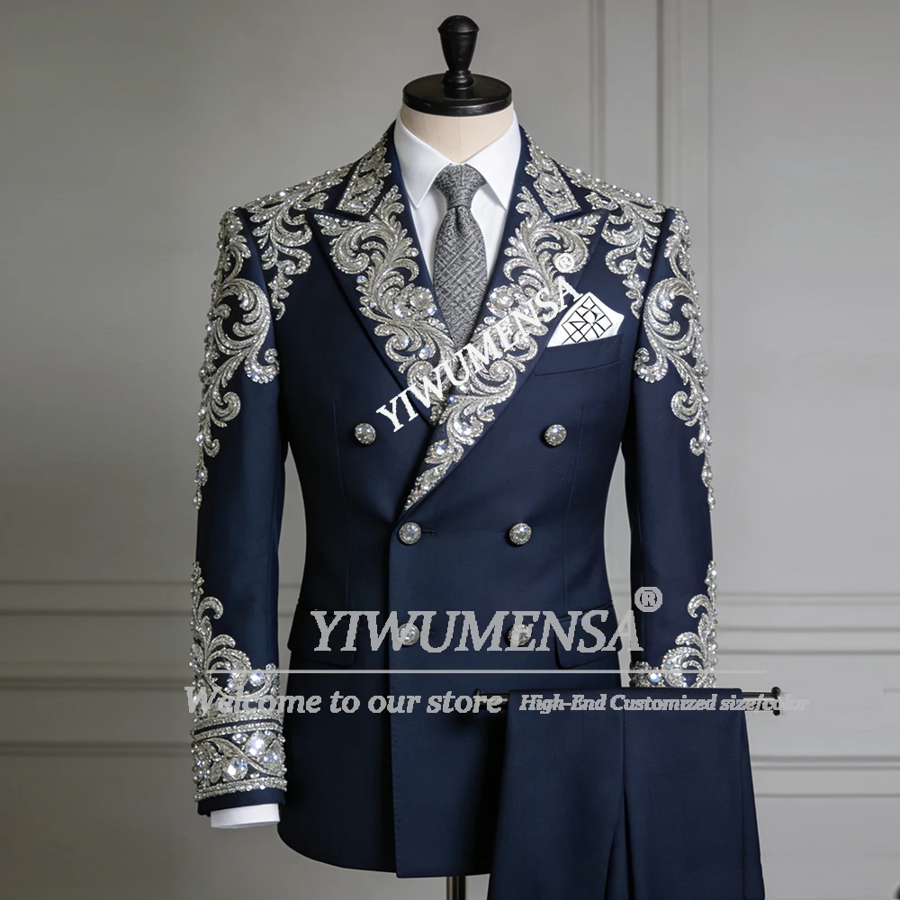 반짝이는 라인스톤 비즈 장식 남성 정장 웨딩용 더블 브레스티드 재킷 바지 2피스 세트 신랑 턱시도 남성복