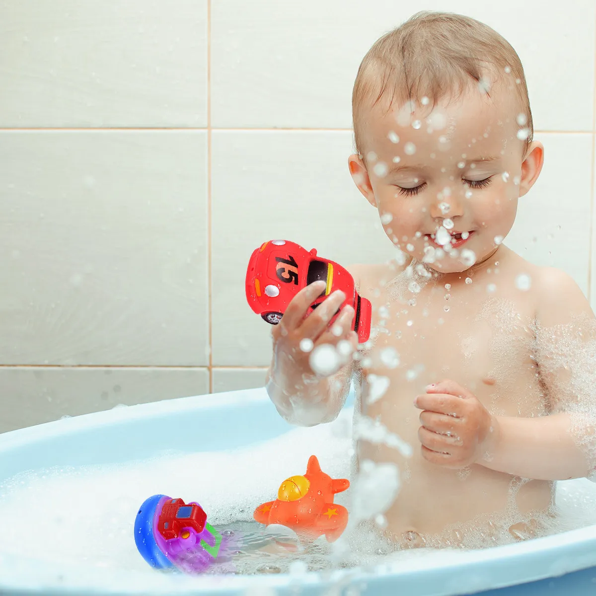 8Pcs Toddler Bath Toys Vehicle Bathing Squirt Sound Characters Bathtime Floating Squeeze Toddlers Babies