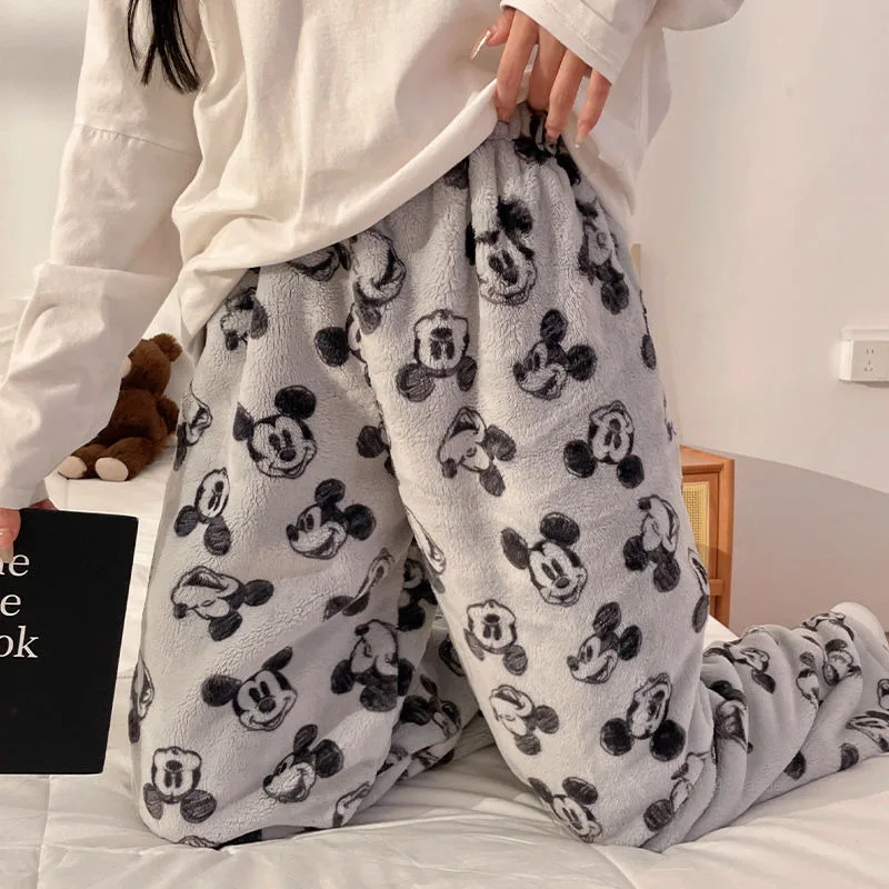 Disney Mickey Coral Fleece Sleeping Pants Women's Winter New Thickened Plush Pajama Pants Simple Design Fashion Warm Home Pants