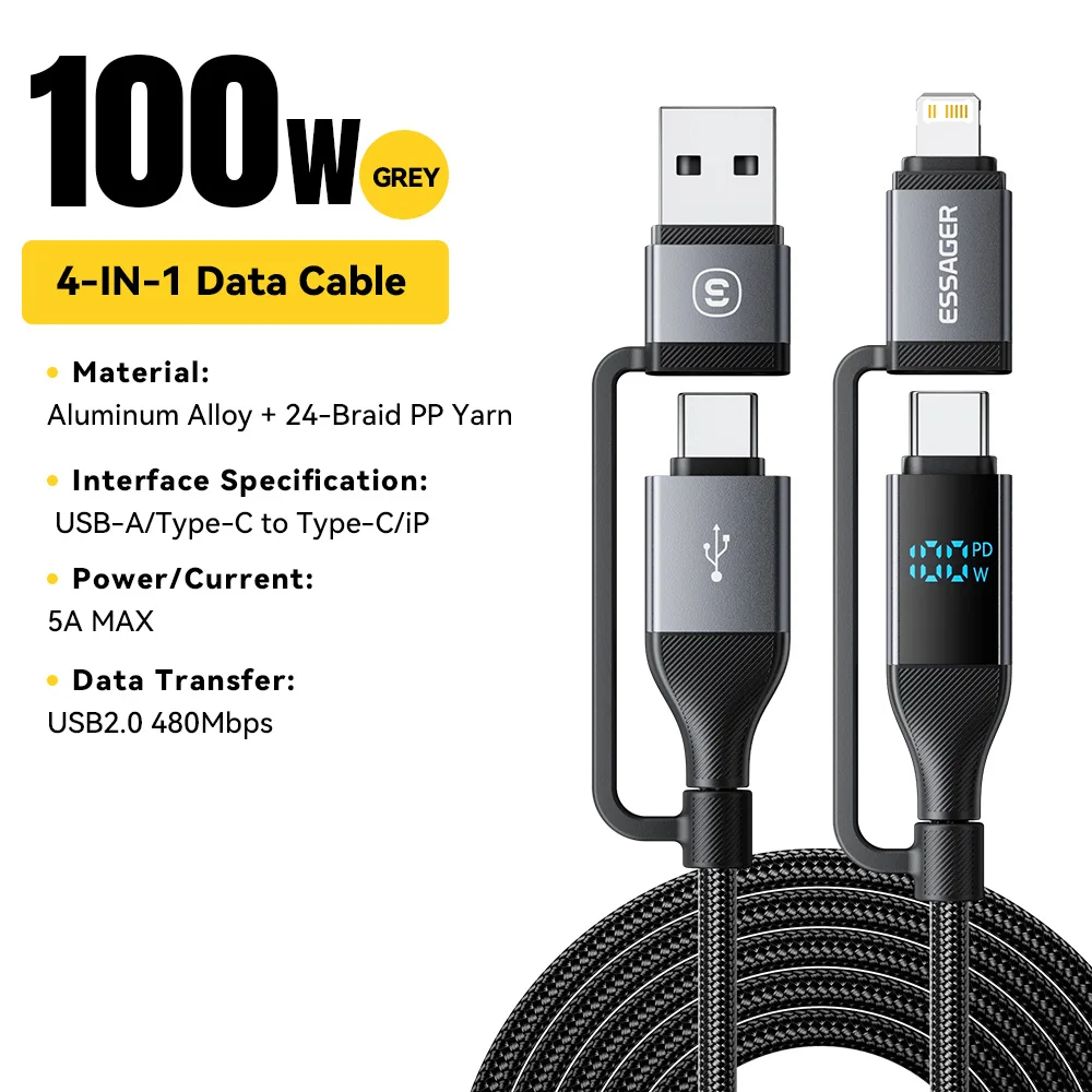 Essager 4-in-1-Digitalanzeige-USB-Kabel Typ C 100 W PD-Schnellladekabel für iPhone MacBook iPad Xiaomi Typ C-Beleuchtungskabel