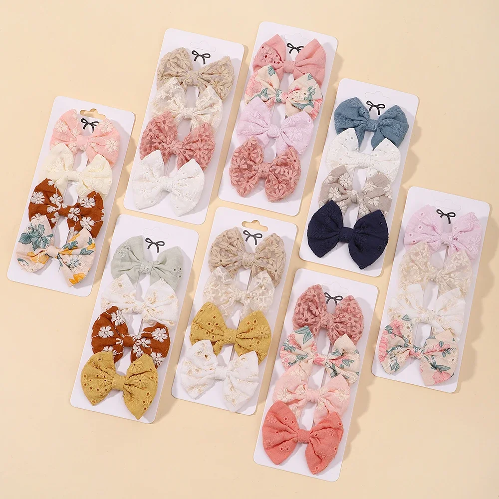 4Pcs/Set Lovely Cotton Bowknot Clips Safe Hairpins Girl Fresh Pastoral Hairclips Baby Hair Accessories Kids Print Hairgripe Gift