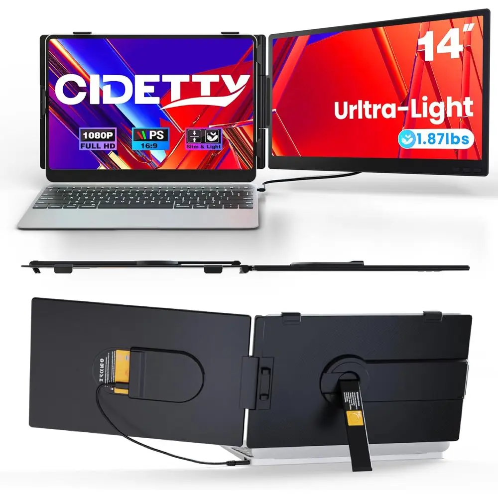 Ultra-Thin 14 Dual Portable Monitor, 1080P HD IPS, USB-C/HDMI, Compatible with Windows, Chrome, Switch, Android Laptops 13-17