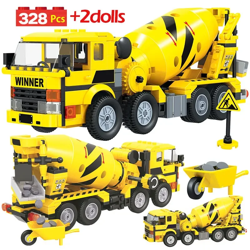 

700pcs City Engineering Trucks Yellow Car Building Blocks Mixer Car Combination Road Roller Bricks Loader Toys for Kids